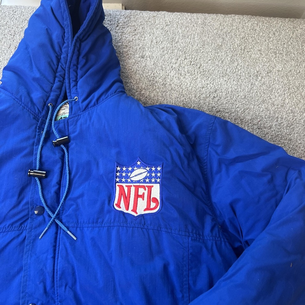 Vtg delong NFL Jacket Mens Large Blue NFL‎ Football Hooded Puffer Coat USA 80s - Picture 4 of 14